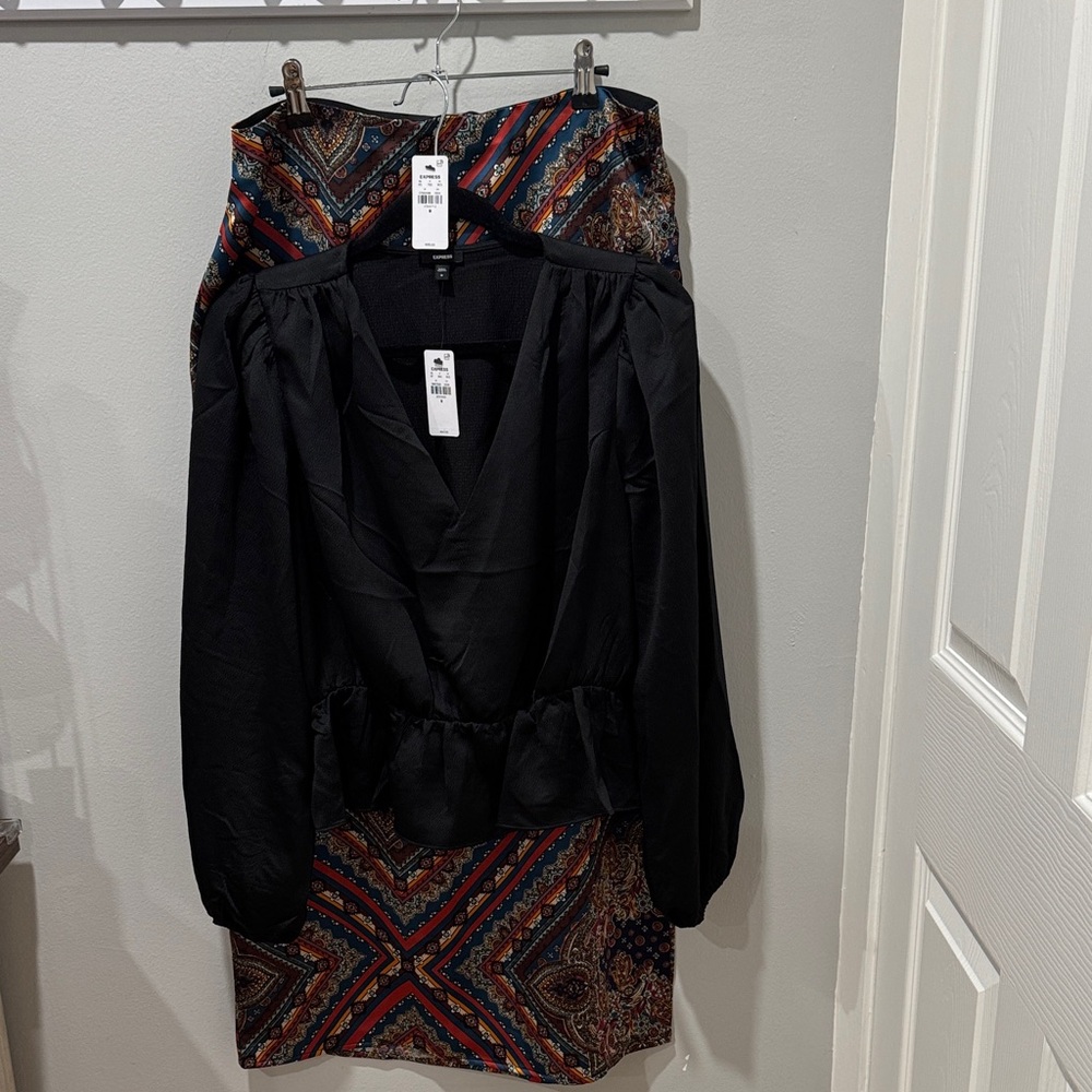 Express Black Blouse with Multicolor Skirt